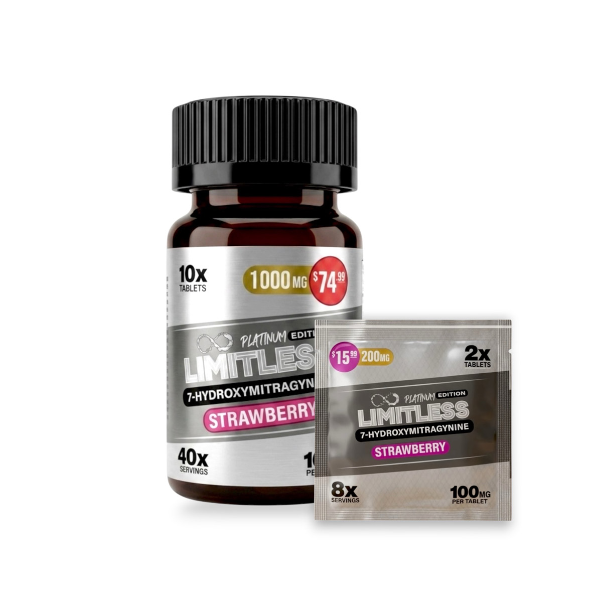 Limitless Platinum 7-Hydroxymitragynine Strawberry Tablets 100mg Limitless Platinum 7-Hydroxymitragynine Strawberry Tablets 100mg